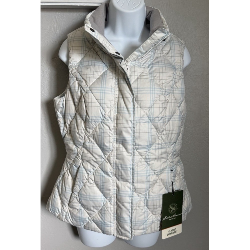 Eddie Bauer Puffer Vest Womens Size Medium White Blue Goose Down Full Zip New!